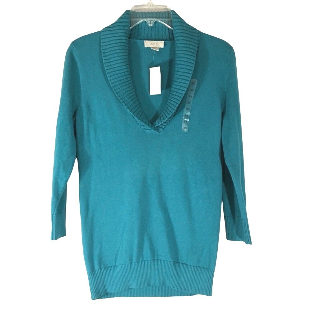 Loft Teal Cotton Shawl Collar V-Neck Sweater 3/4 Sleeve Size XS NWT‎ 11864691